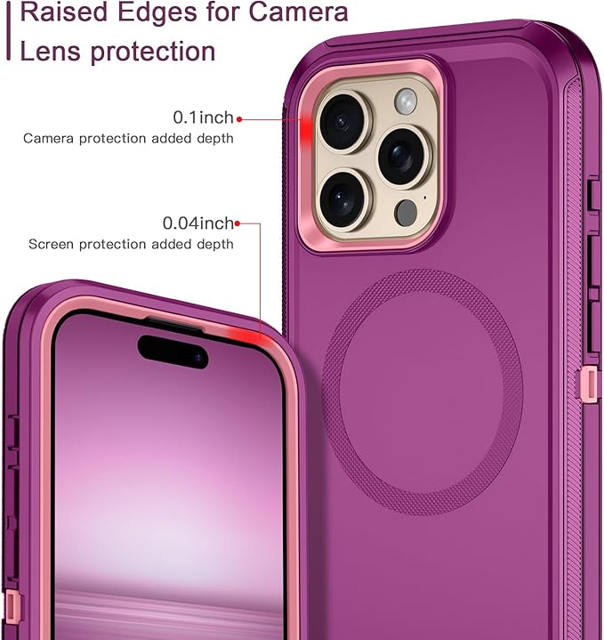 for iPhone 16 Pro Case [Compatible with MagSafe] Shockproof 3-Layer Full Body Protection [Without Screen Protector] Rugged Heavy Duty Cover Case for Apple iPhone 16 Pro 6.3",Purple/Pink