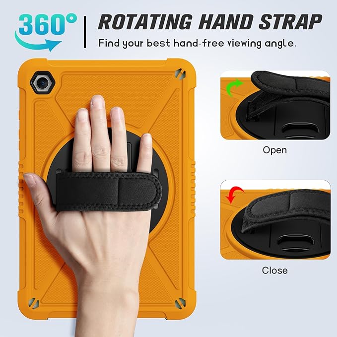 ZtotopCases for Samsung Galaxy Tab A9+ / A9 Plus 11'' 2023 (SM-X210/X216/X218), Shockproof Hard Duty Case with Screen Protector+360 Rotating Hand Strap&Stand+Shoulder Strap for Tab A9+ Tablet, Orange