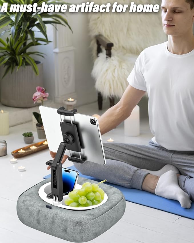 Charchendo Tablet Pillow Stand Soft Plush Fabric With Adjustable Telescopic Arm, 360° Adjustable iPad Stand for Bed, Sofa, Detachable Bowl, Fit for 4"-12.9" Kindle, iPad, Phone/Tablet, Google, Samsung