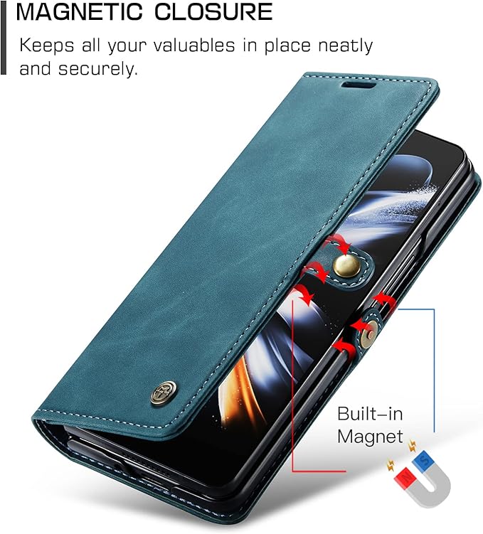 for Samsung Galaxy Z Fold4 Case, Flip Wallet Leather Case with Card Holder Magnetic Closure Shockproof Kickstand Protective Phone Cases Cover for Samsung Galaxy Z Fold4,Blue-Green