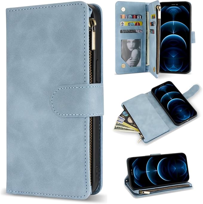 ZZXX for iPhone 12 Pro Max Wallet Case with Card Slot Premium Soft PU Leather Zipper Flip Folio Wallet with Wrist Strap Kickstand Protective for iPhone 12 Pro Max Case Wallet(Light Blue 6.7 inch)