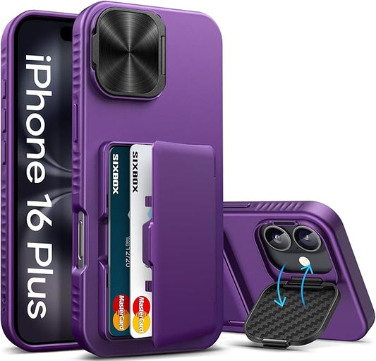 for iPhone 16 Plus Case Wallet, Built-in Credit Card Holder & Stand & Camera Cover, Military Grade Drop Tested Soft Silicone Edge Rugged Protective Phone Case for iPhone 16 Plus 2024, Purple