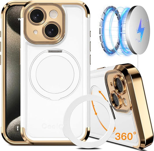 COOLQO for iPhone 14 Case 6.1'' Upgraded 360° Spin Magnetic Stand [Compatible with Magsafe][Military Grade Drop Protection] Shockproof Protective Phone Holder Cover for iPhone 14, White Gold