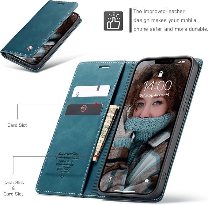 for iPhone 13 Case, Flip Wallet Leather Case with Card Holder Magnetic Closure Shockproof Kickstand Protective Phone Cases Cover for iPhone 13, Blue-Green