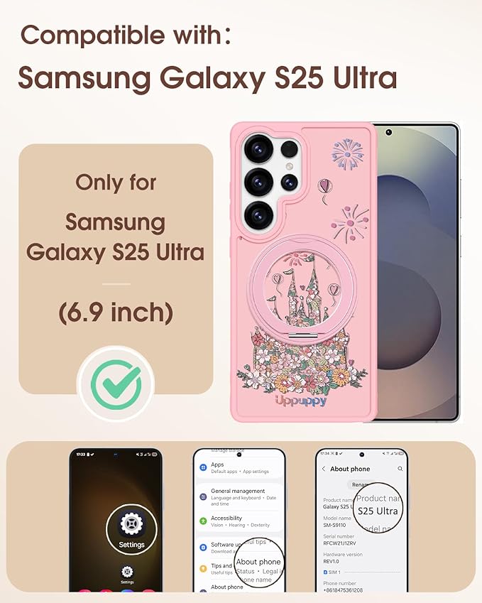for Samsung Galaxy S25 Ultra Case with 360° Rotatable Magnetic Ring - Compatible with MagSafe, Semi-Transparent Soft-Touch Material Shockproof, Cute Pink Castle Design for Women Girl
