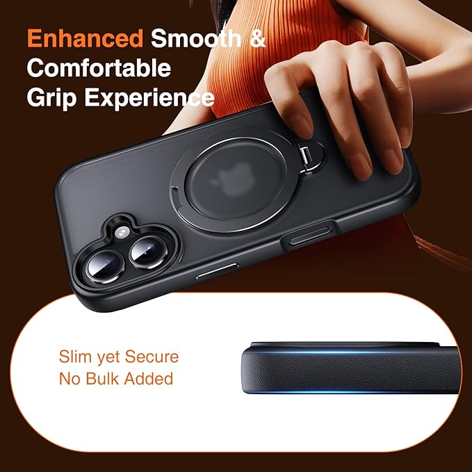 360° O-Ring MagStander for iPhone 16 Case with Magnetic Kickstand Ring Holder [Compatible with MagSafe][360°Rotate Stand Ring][Military Shockproof] Magnet iPhone 16 Phone Cover Matte Black