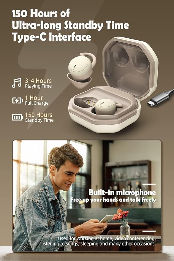 Sleep Earbuds Small Bluetooth Earbuds Mini Wireless Discreet Earbud for Music, Home, Work (Nude)