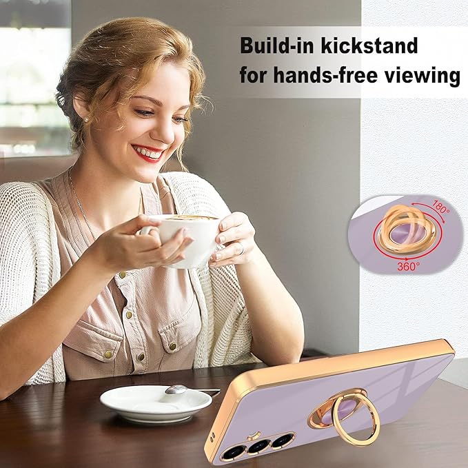 Dinick Purple for Samsung Galaxy S24 Case with Ring Holder Kickstand [with Magnetic] Soft TPU Bumper, Glitter Gold Electroplated Cover Slim Thin Protective Phone Case for Galaxy S24