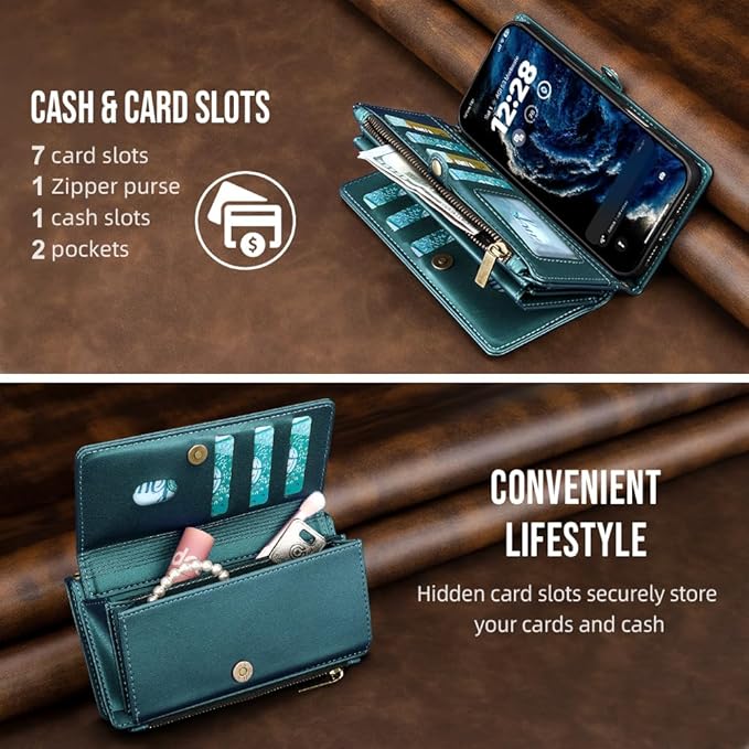 for iPhone 17 Pro Wallet Phone Case with 7 Card Holder,RFID Blocking | PU Leather | Kickstand | Flip | Wrist Strap&Shoulder Strap | Shockproof | Zipper Wallet | Women Men | 6.3" | Green