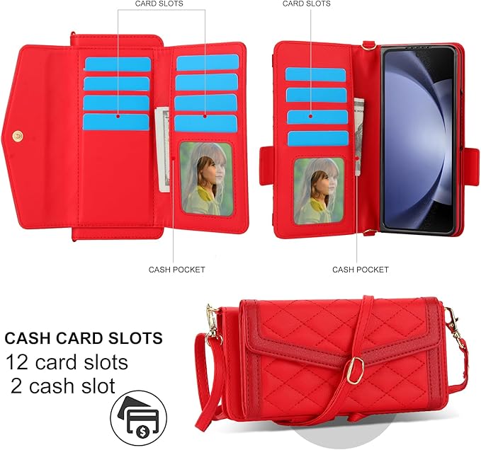 for Samsung Galaxy Z Fold 7 Wallet Case - Stitching Pattern RFID Blocking Card Holder, S Pen Slot Crossbody Strap, Full Body Protection Flip Cover for Women Red