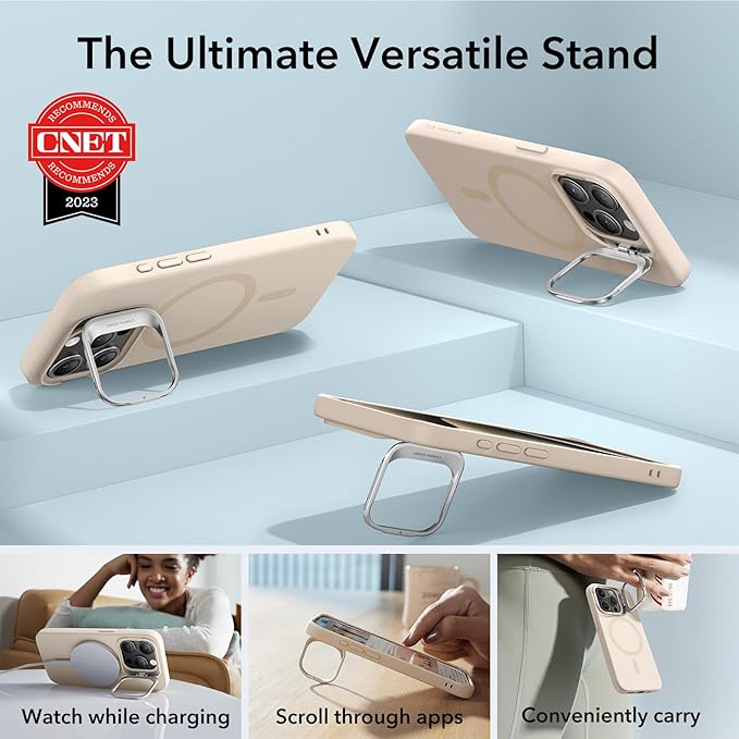 ESR for iPhone 15 Pro Case, MagSafe Silicone Case with Stand, Military-Grade Protection, Built-in Camera Stash Stand, Magnetic Phone Case for iPhone 15 Pro, Cloud Series,Light Tan
