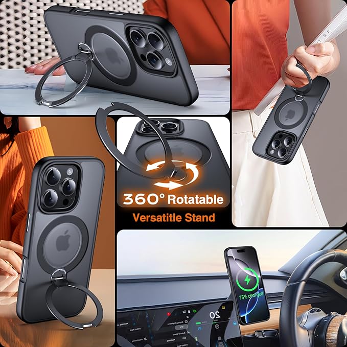 360° O-Ring MagStander for iPhone 15 Pro Max Case with Magnetic Kickstand Ring Holder [Compatible with MagSafe][360°Rotate Stand][Military Shockproof] iPhone 15 Pro Max Phone Cover Black