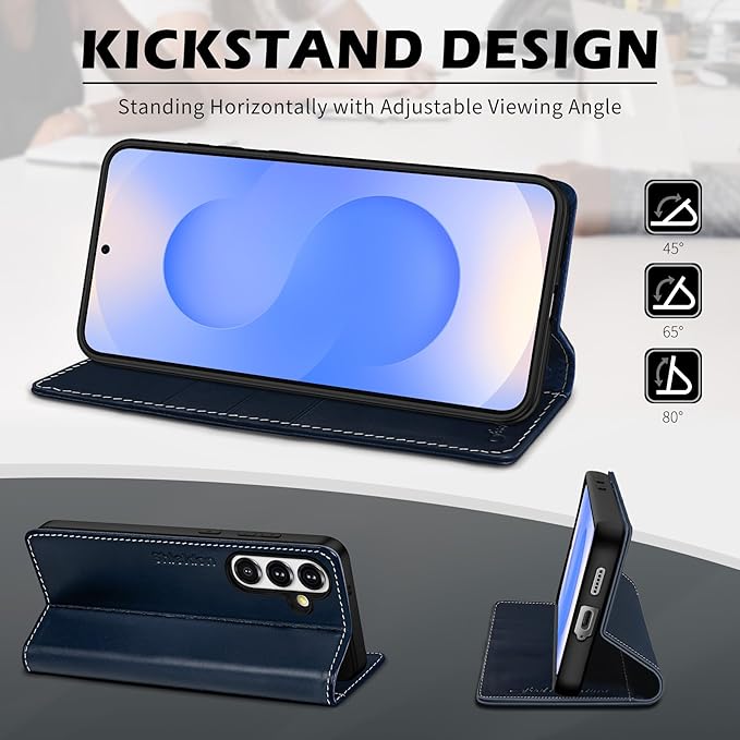 SHIELDON Case for Galaxy S25 FE 6.7", Genuine Leather Wallet Flip Book Case RFID Blocking Card Holder Kickstand Shock Absorbing Protective Case Compatible with Galaxy S25 FE 2025 5G - Retro Dark Blue