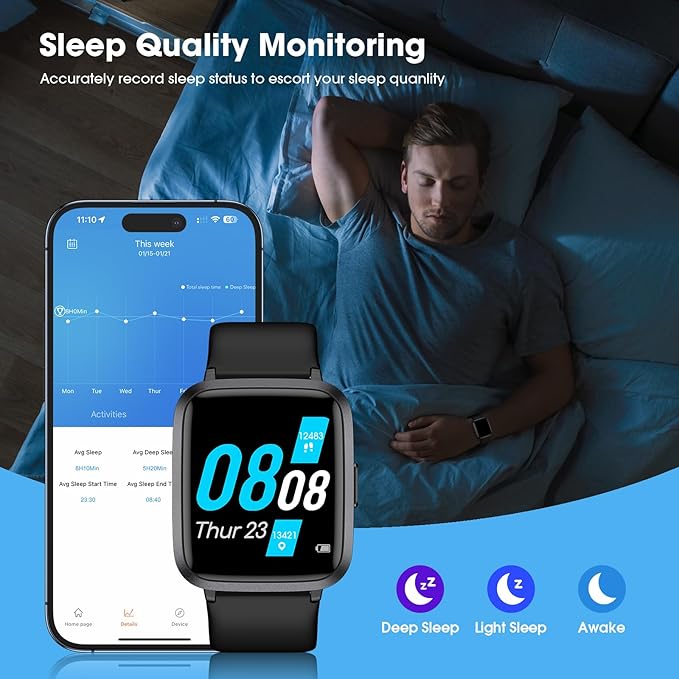 Fitness Tracker, Fitness Watch with Blood Oxygen, Blood Pressure & Heart Rate Monitor, Steps Calories Counter, Sleep Monitor, Pedometer 50 Meters Waterproof, Smart Watch for Android iPhones