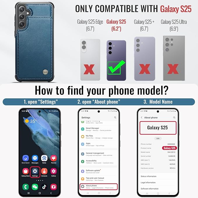 Vinich for Samsung Galaxy S25 Wallet Case with Card Holder, RFID Blocking Credit Slots Kickstand Shockproof Phone Cover for Women Men, Blue