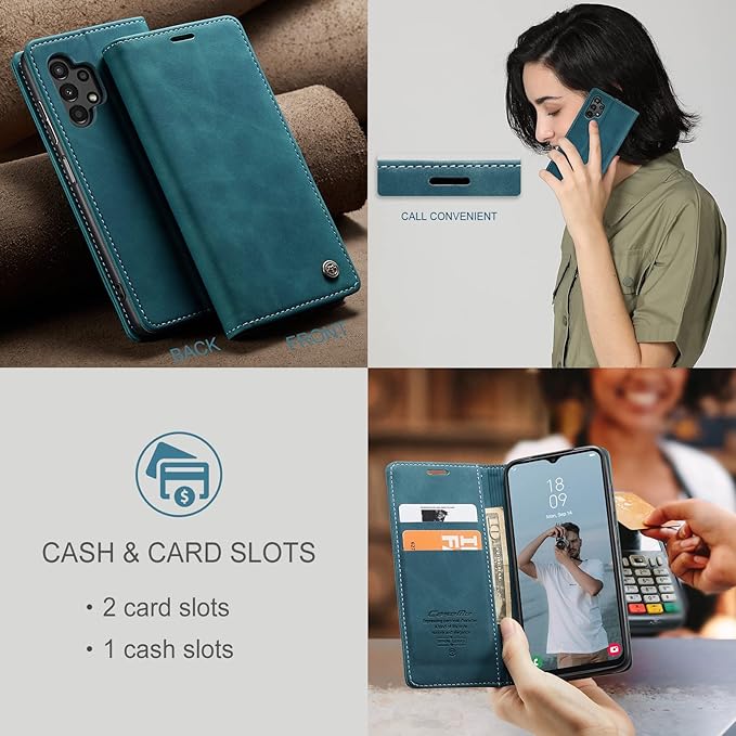 for Samsung Galaxy A13 4G/5G Case, Flip Wallet Leather Case with Card Holder Magnetic Closure Shockproof Kickstand Protective Phone Cases Cover for Samsung Galaxy A04s,Blue-Green