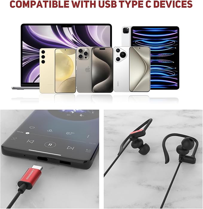USB C Headphones with Microphone Wired USB C Earphones for Sports and Running Type C Earbuds Hooks Volume Control, Compatible with iPhone 16/15, Samsung, Google and Other Type C Smart Phone, Red