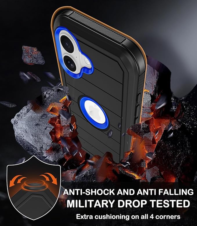 for iPhone 16 Case with 2 Screen Protectors,Heavy Duty Shockproof Drop Protection Military Grade Tri-Layer Rugged Cell Phone Cover with Belt Clip Holster & Kickstand for Apple 16 6.3“ Black Blue