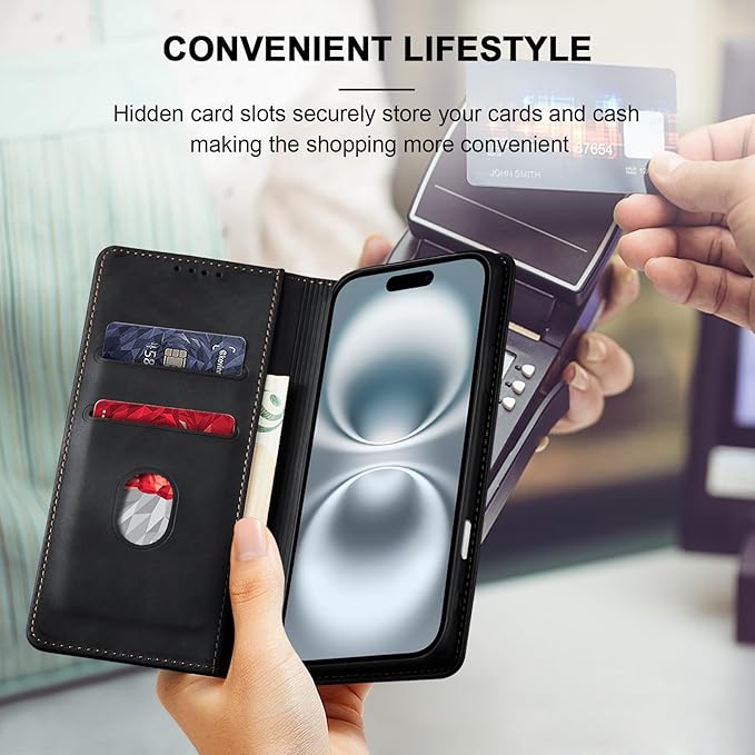 Jasonyu Flip Wallet Case for iPhone 16,Leather Magnetic Folio Cover with Card Holder,Kickstand - TPU Shockproof Durable Protective Phone Case,Black