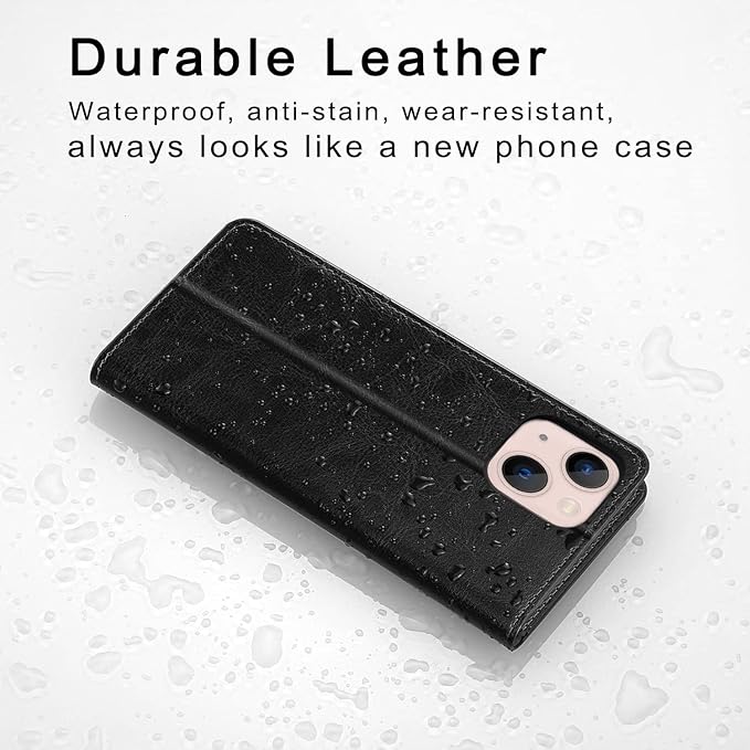 Belemay Case Compatible with iPhone 14 Wallet Case-Genuine Leather Flip Phone Case-RFID Blocking Card Holder-Shockproof TPU Shell Folio Book Cover Women Men Compatible with iPhone 14 (6.1-inch) Black