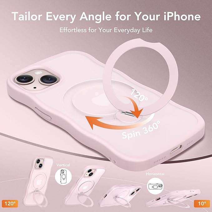 for iPhone 13 Case & iPhone 14 Case for Women,[Compatible with Magsafe][360° Spin Magnetic Stand][Cute Wave Edge][Military-Grade Protection]Translucent Matte Phone case for iPhone 13/14, Chalk Pink