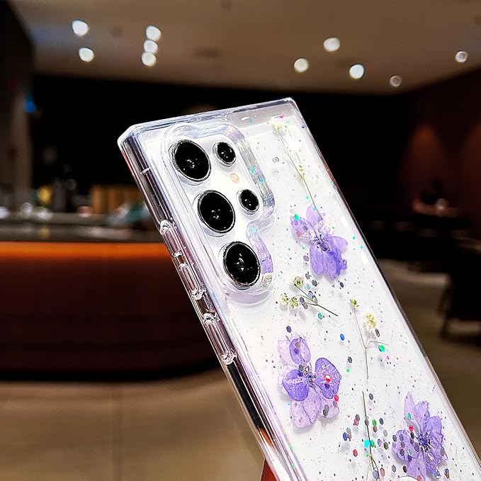 Compatible with Samsung Galaxy S24 Ultra Case Cute Pressed Dried Real Flowers Design Women Girly Shockproof Hard PC+ TPU Bumper Floral Phone Cover for Galaxy S24 Ultra (Light Purple)