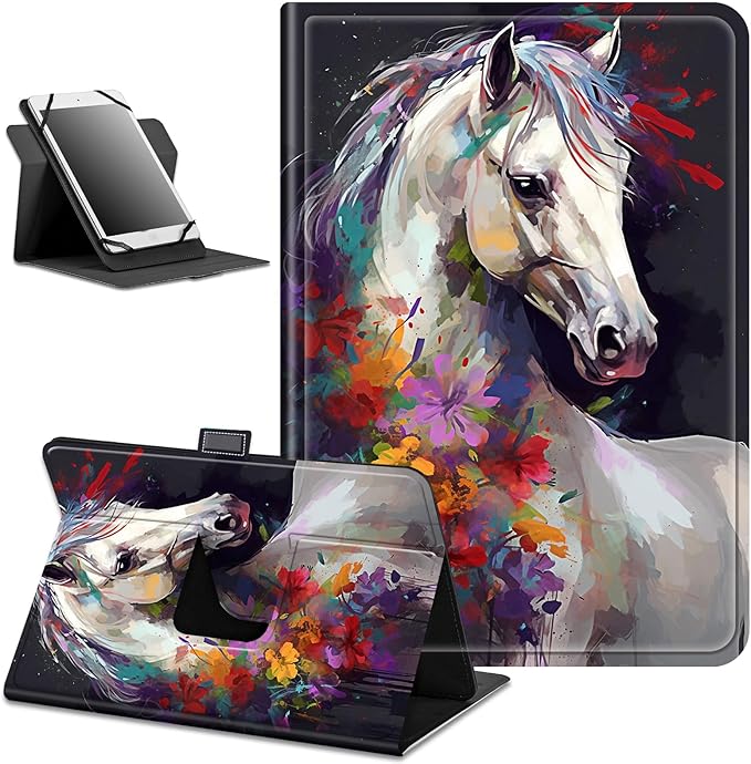 for Lenovo Tab M9 Case,9 inch Tablet Cover, Magnetic Closure Travel Portable Protective Case with 360 Degree Rotating Stand for Lenovo Tab M9 TB-310FU 2023-Flowers and White Horses