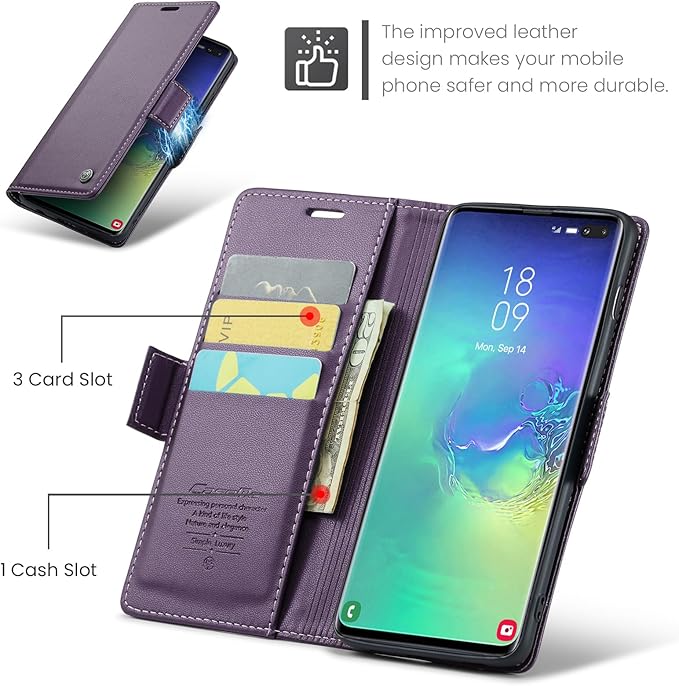Case for Samsung Galaxy S10 Plus Wallet Case, RFID Blocking PU Leather Flip Folio Cover Card Holder Kickstand Shockproof Phone Case Compatible with Samsung Galaxy S10 Plus, Purple