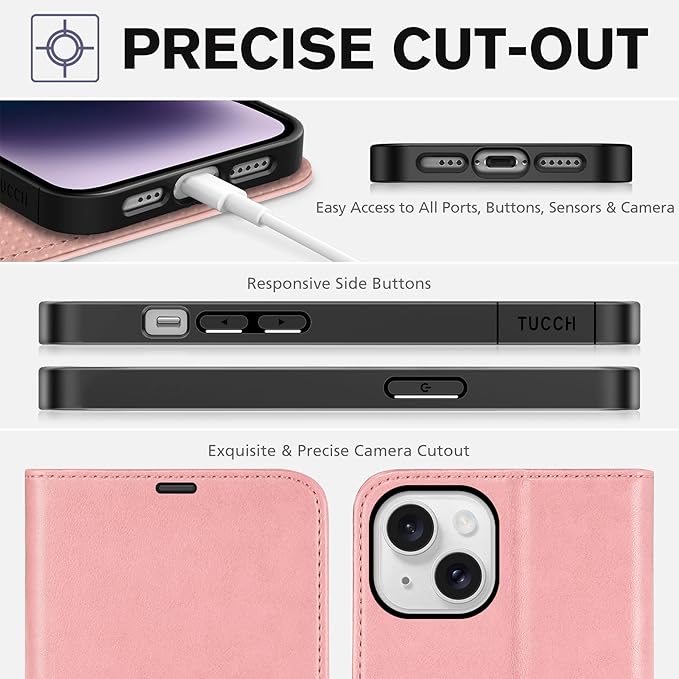 TUCCH Wallet Case for iPhone 14 6.1-inch 5G, [TPU Shockproof Inner Shell] PU Leather [RFID Blocking] 4 Credit Card Holder Magnetic Kickstand Flip Cover Compatible with iPhone 14 (6.1"), Rose Gold