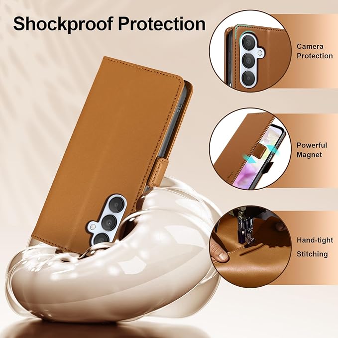 Wallet Flip Case for Samsung Galaxy A35 5G - [RFID Blocking] Luxury PU Leather Card Holder Magnetic Phone Cover with Kickstand,Shockproof Protective Case,Brown