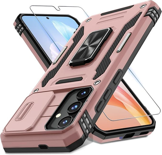 DEERLAMN Case for Samsung Galaxy S24+ Plus with Slide Camera Cover+Screen Protector (1 Pack), Rotated Ring Kickstand Military Grade Shockproof Protective Cover-Rose Gold