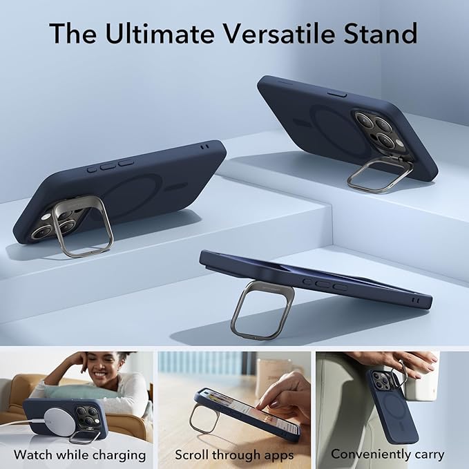 ESR for iPhone 15 Pro Case, MagSafe Silicone Case with Stand, Military-Grade Protection, Built-in Camera Stash Stand, Magnetic Phone Case for iPhone 15 Pro, Cloud Series,Dark Blue