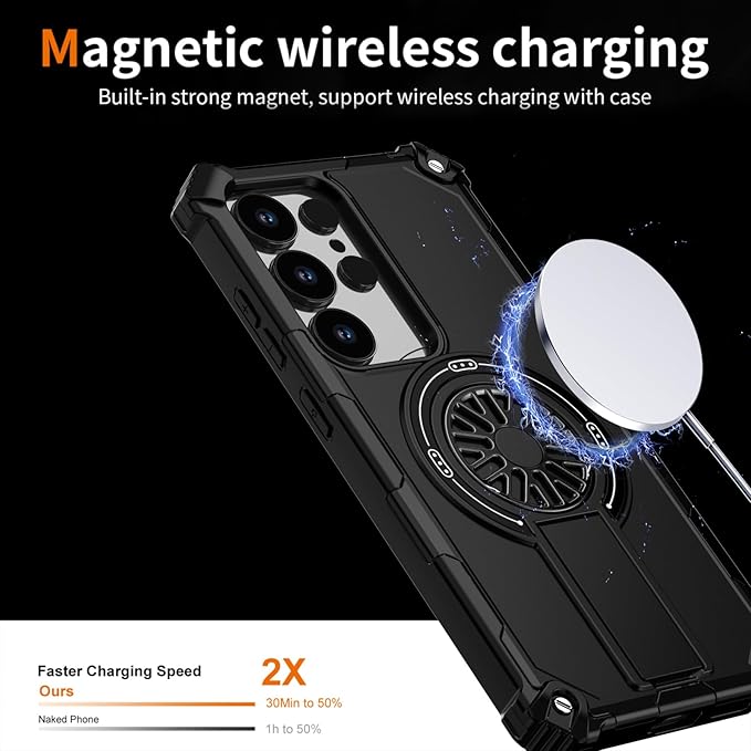 Magnetic Case for Galaxy S25 Ultra, Built-in Stand [Compatible with Mag-Safe] Shockproof Protective Cover Case for Samsung Galaxy S25 Ultra Black
