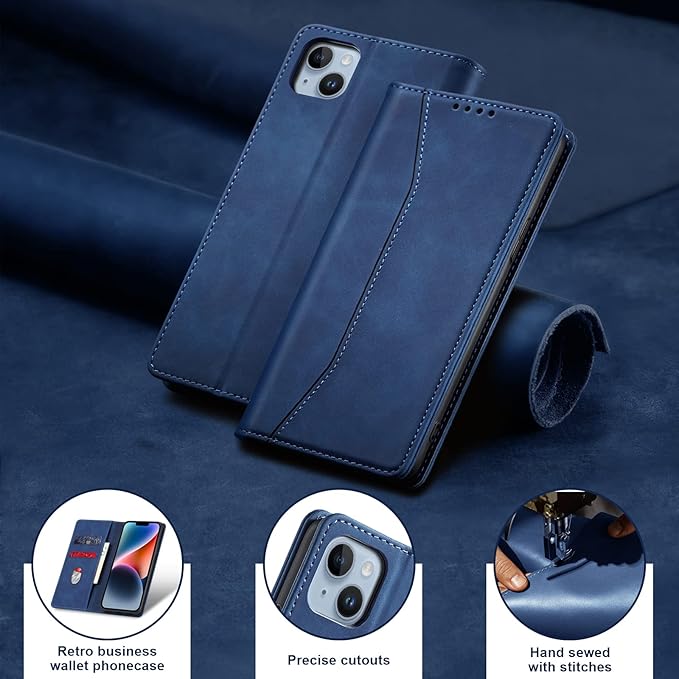 Jasonyu Flip Wallet Case for iPhone 14 5G,Leather Magnetic Folio Cover with Card Holder,Kickstand - TPU Shockproof Durable Protective Phone Case,Blue