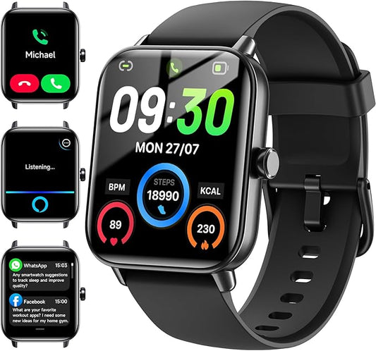 Smart Watches for Men Women Android & iPhone, Alexa Built-in, 1.85" Fitness Tracker with Answer/Make Calls, IP68 Waterproof Fitness Watch,Heart Rate, Sleep, SpO2 Monitor,Pedometer, Black