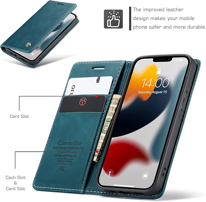 for iPhone 13 Mini Case 5.4", Flip Wallet Leather Case with Card Holder Magnetic Closure Shockproof Kickstand Protective Phone Cases Cover for iPhone 13 Mini,Blue-Green