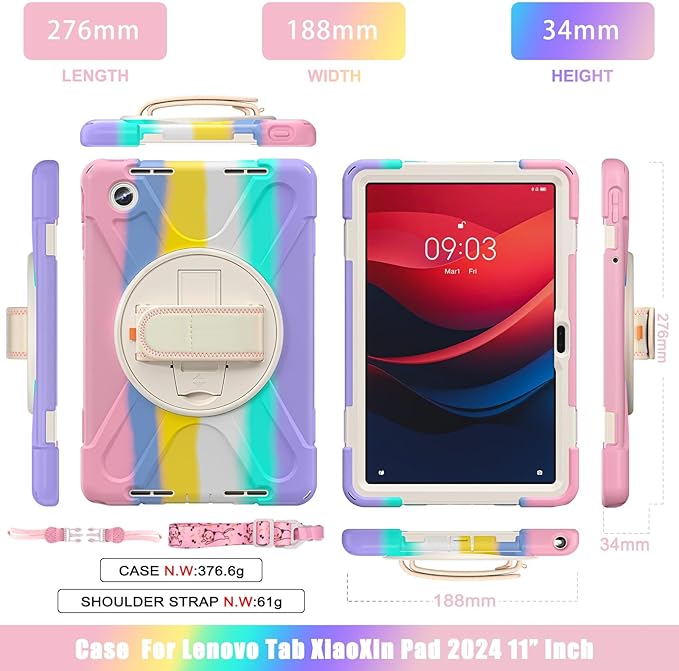 TSQQST Case for Lenovo Tab M11/ K11 LTE 2024 TB-330FU/TB330XU for Kids Girls, Full Body Drop Proof Case for Lenovo Xiaoxin Pad 2024 (TB331FC), 360° Rotate Stand &Hand Strap | Colorful Pink