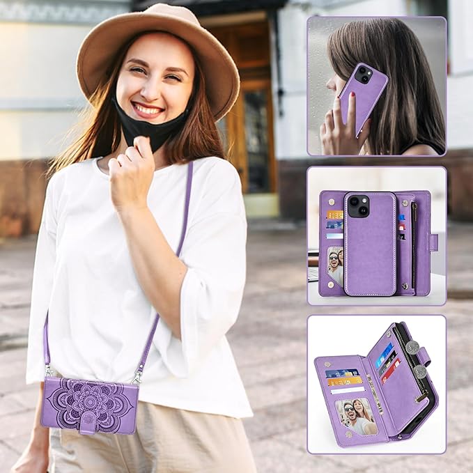 Asuwish Phone Case for iPhone 14 6.1 inch Zipper Wallet Detachable Cell Cover with Tempered Glass Screen Protector Crossbody Strap Flower Card Holder Slot iPhone14 5G i i-Phone i14 14Case Women Purple