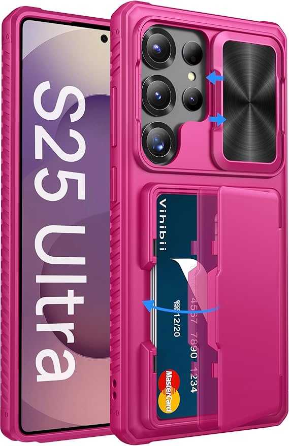 Vihibii for Samsung Galaxy S25 Ultra Wallet Case with Card Holder (4 Cards), [RFID Blocking] & Slide Camera Cover & Raise Screen Edges, Hard Back Phone Cover for Samsung Galaxy S25 Ultra, Hot Pink