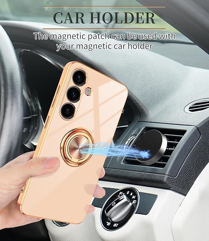 Dinick Pink for Samsung Galaxy S24 Case with Ring Holder Kickstand [with Magnetic] Soft TPU Bumper, Glitter Gold Electroplated Cover Slim Thin Protective Phone Case for Galaxy S24