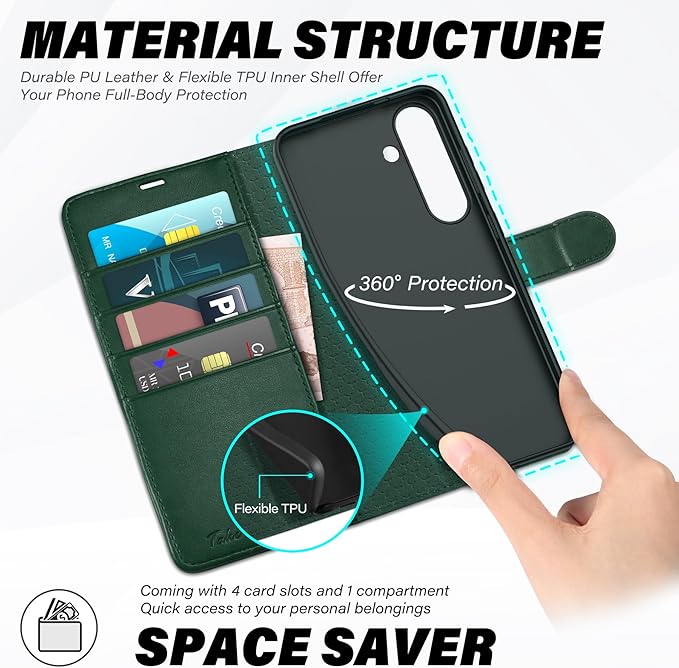 TUCCH Wallet Case for Galaxy S25 Plus 5G, Magnetic PU Leather Stand [RFID Blocking] Card Slot Protective Folio Flip Cover with TPU Shockproof Interior Case Compatible with Galaxy S25 Plus, Evergreen