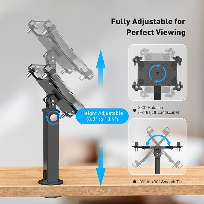 AboveTEK iPad Desk Grommet Mount, Adjustable Tablet Desk Mount with 360° Rotation & 180° Tilt, Fits 9.7"-13" Tablets, Anti-Theft iPad Stand, Heavy-Duty Aluminum Tablet Stand, Perfect for Work (Black)