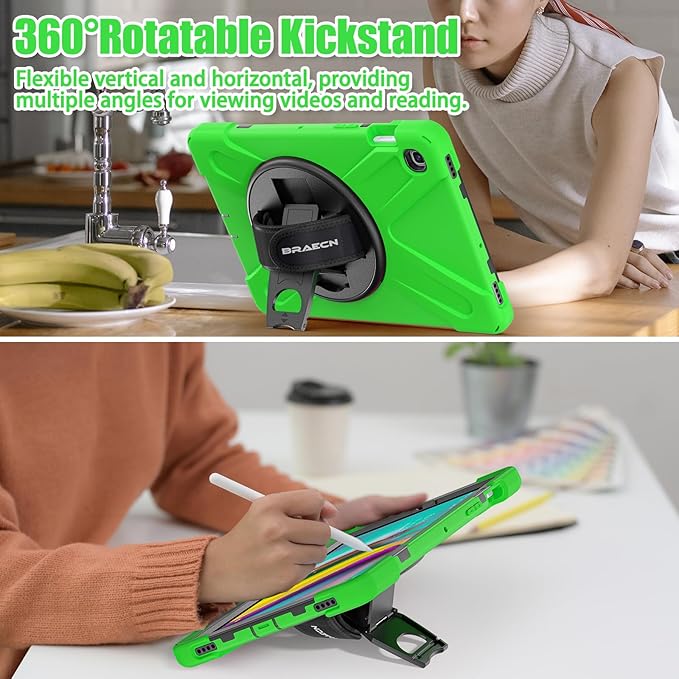 BRAECNstock for Samsung Galaxy Tab S5e Case 10.5 inch 2019 (SM-T720/T725/T727) Shockproof Protective Galaxy Tab S5e Kids Cover with Screen Protector Rotating Stand & Hand Strap Pencil Holder - Green