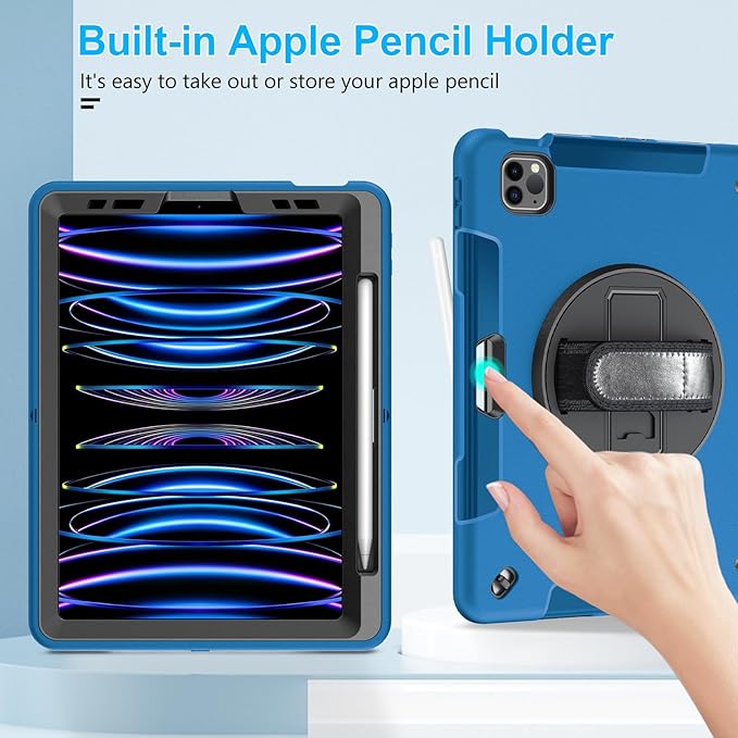 Case for iPad Pro 11 Inch 2022/2021/ 2020/2018: Cover for iPad 11 Inch 4th/ 3rd/ 2nd/ 1st Generation with Screen Protector- Stand- Handle- Shoulder Strap- Pencil Holder Blue