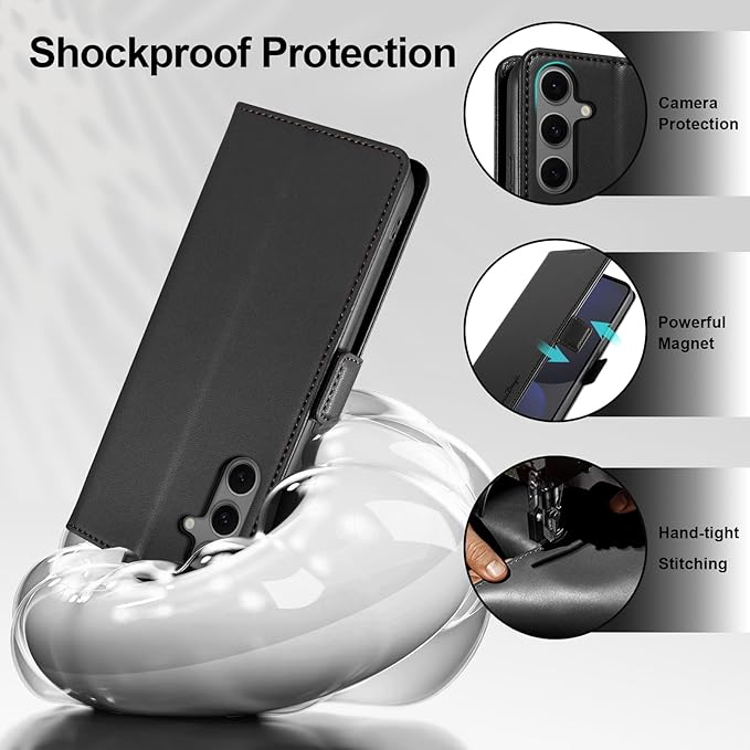 Wallet Flip Case for Samsung Galaxy S24 FE 5G - [RFID Blocking] Luxury PU Leather Card Holder Magnetic Phone Cover with Kickstand,Shockproof Protective Case,Black