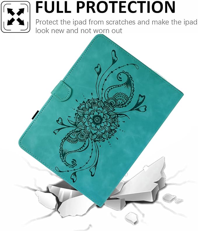 Mandala Flower Case Compatible with Galaxy Tab A9+ Plus 11 Inch 2024 2023 (SM-X210/X216/X218), Cute Elegant Embossed Suede Leather Folio Stand Case Protective Cover with Auto Wake/Sleep, Green