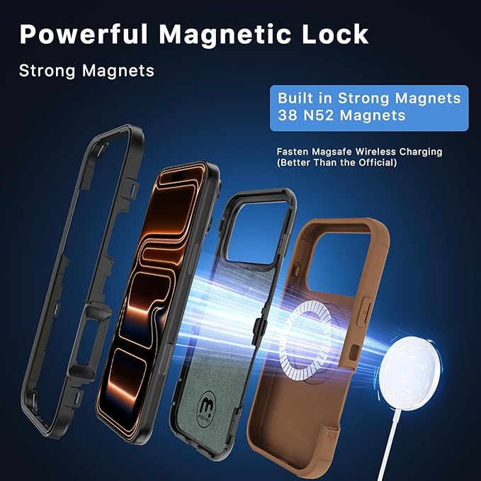 M MYBAT PRO for iPhone 17 Pro Case, Maverick Series Case with Belt Clip Holster,[Compatible with Magsafe] w/Screen Protector,Anti-Drop,Shockproof,w 360°Rotating Kickstand,Heavy Duty Protection Brown