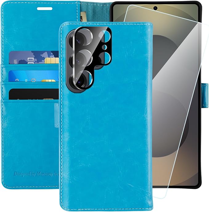 MONASAY Wallet Case Fit for Samsung Galaxy S25 Ultra 6.9 inch, [Lens & Glass Screen Protector Included] [RFID Blocking] Flip Folio Leather Cell Phone Cover with Credit Card Holder, Light Blue