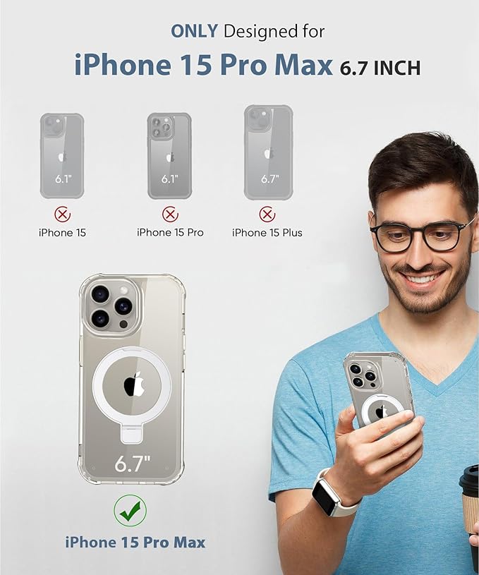 Compatible with iPhone 15 Pro Max Case, Built-in Screen Protector & Seamless Stand, with Camera Lens Protector, Strong Magnetic Clear Phone Case, Full Body Protective Cover for 6.7" (Clear)