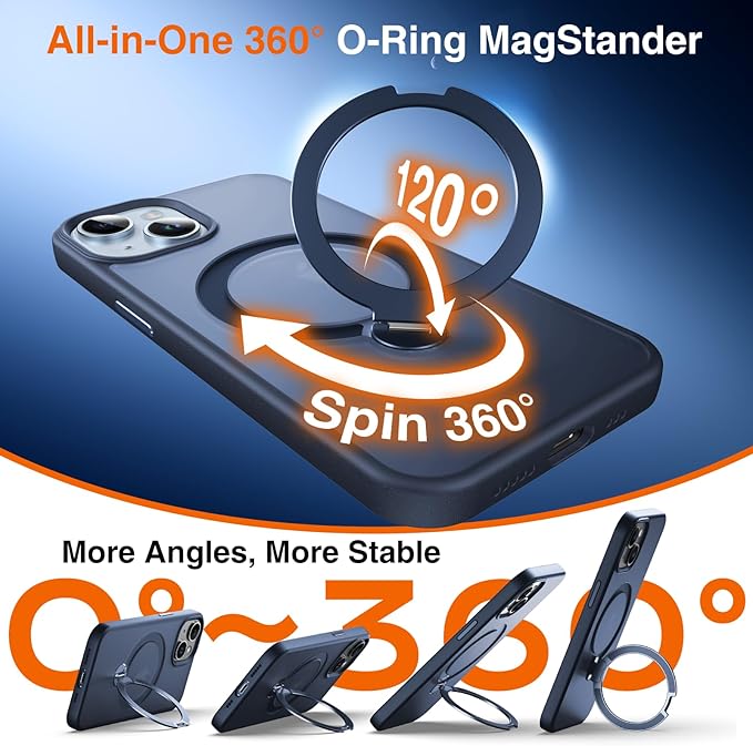 360° O-Ring MagStander for iPhone 15 Case with Magnetic Kickstand Ring Holder [Compatible with MagSafe][360°Rotate Stand Ring][Military Shockproof] Magnet iPhone 15 Phone Cover Matte Blue